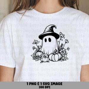 Ghost Witch With Pumpkin SVG PNG Ghost Witch Pumpkin Witch Hat Illustration Cricut Silhouette Canva Commercial Use POD