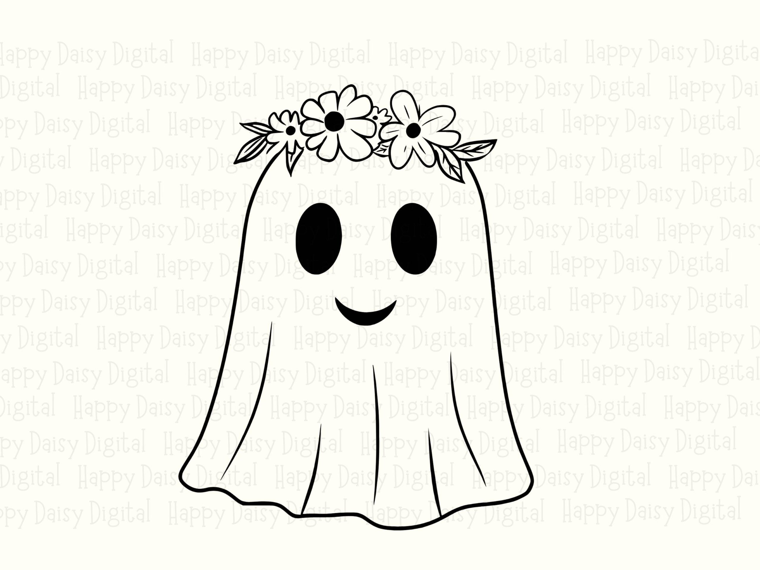 Ghost With Flower Crown SVG PNG Ghost Flower Crown Simple Line Illustration Cricut Silhouette Canva Commercial Use POD - Image 2