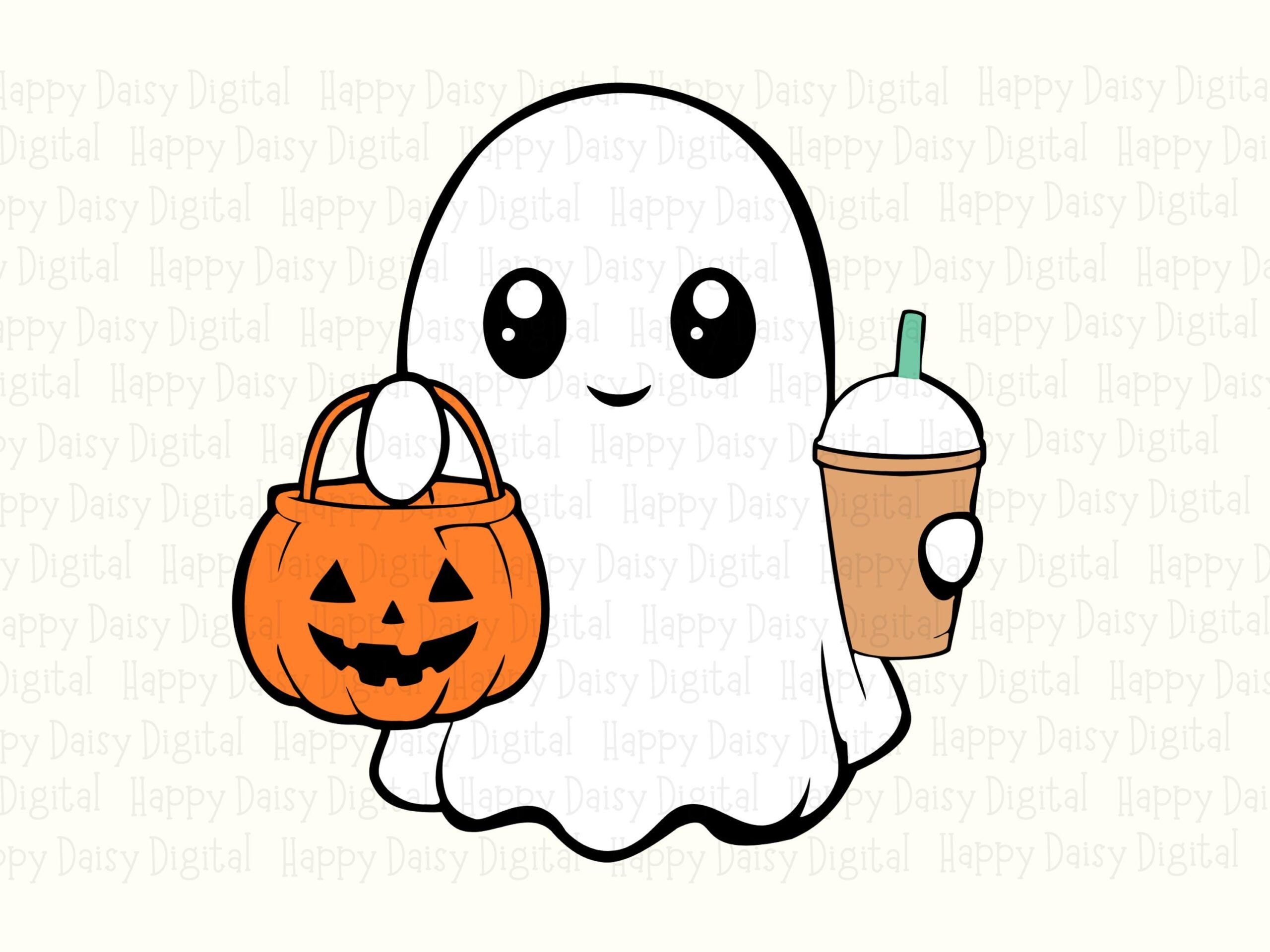 Ghost With Pumpkin And Drink SVG PNG Ghost Pumpkin Drink Cute Character Illustration Cricut Silhouette Canva Commercial Use POD - Image 2