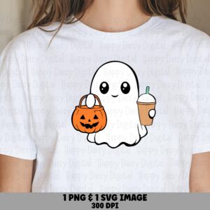 Ghost With Pumpkin And Drink SVG PNG Ghost Pumpkin Drink Cute Character Illustration Cricut Silhouette Canva Commercial Use POD