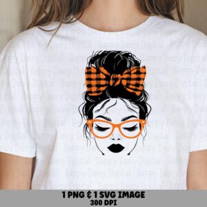 Messy Bun With Buffalo Plaid Bow SVG PNG Messy Bun Silhouette Buffalo Plaid Bow Cricut Silhouette Canva Commercial Use POD