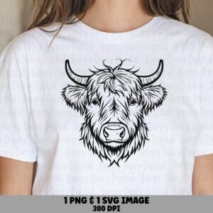 Highland Cow Face Line Art PNG SVG | Sublimation Commercial Use POD
