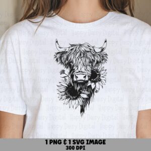 Highland Cow With Sunflowers PNG SVG | Sublimation Commercial Use POD