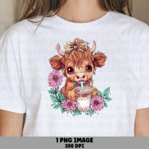 Baby Highland Cow Boba PNG | Sublimation Commercial Use POD