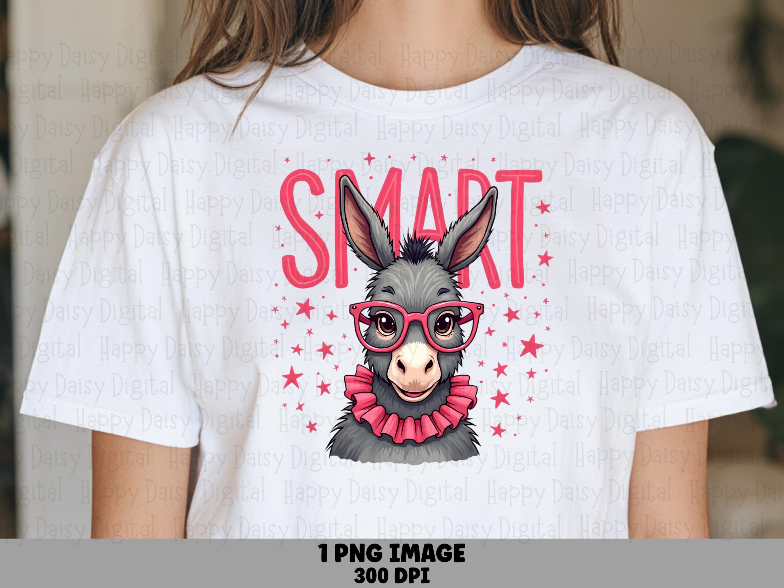 Smart Donkey PNG, Cute Pink Glasses Art For Sublimation - Ruffled Collar With Stars | 300 DPI, Commercial Use