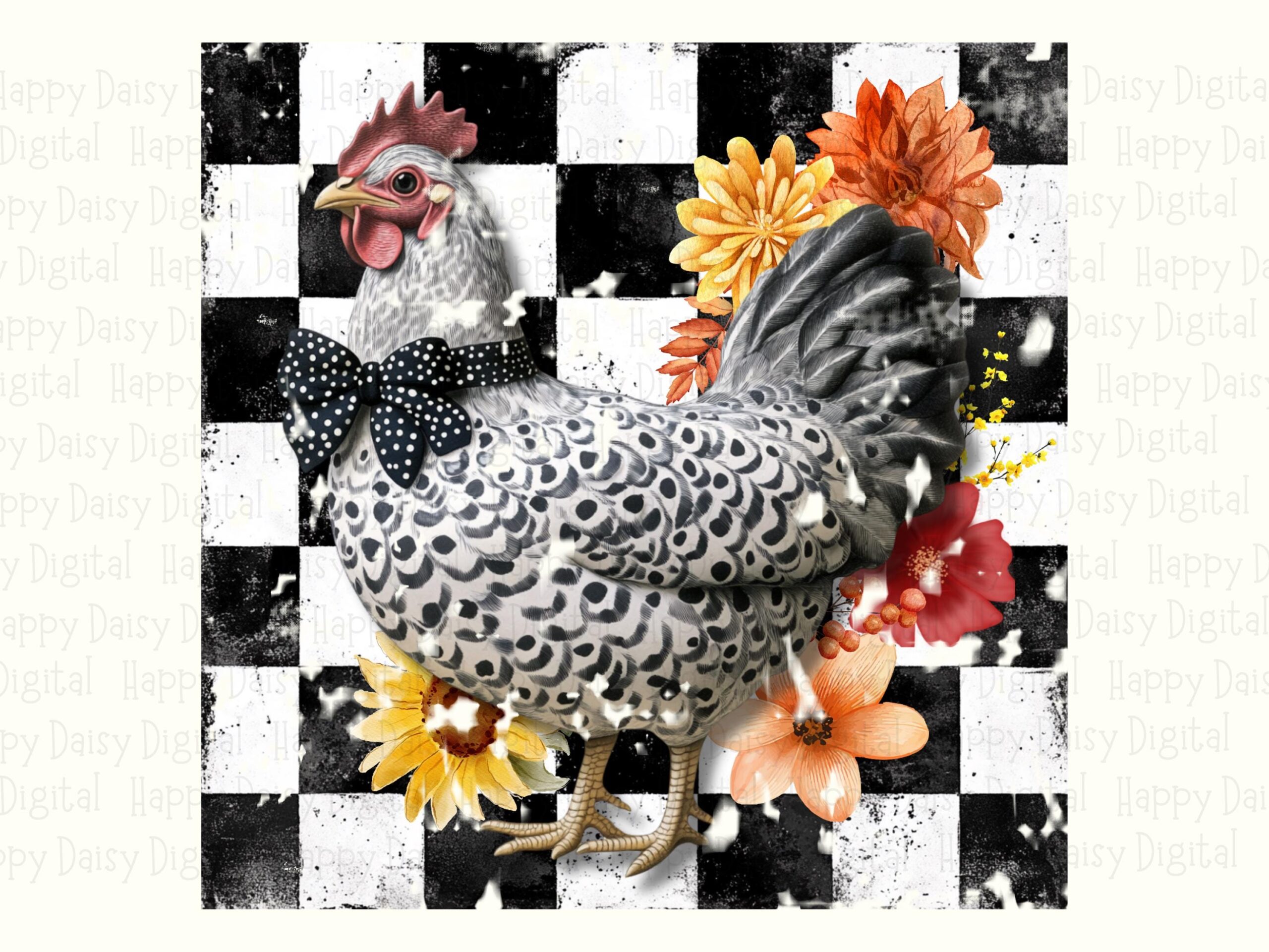 Speckled Rooster PNG, Checkerboard Background Design | Polka Dot Bow, Autumn Florals, Commercial Use, 300 DPI - Image 2