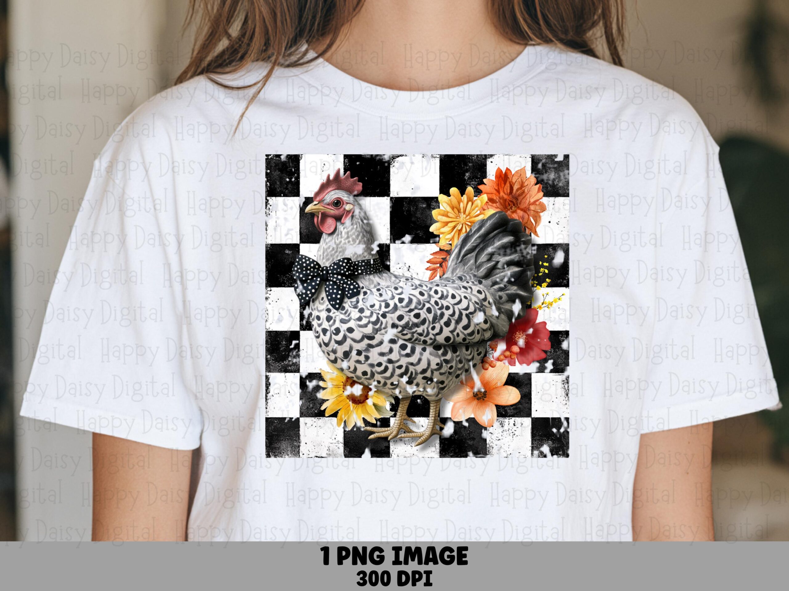 Speckled Rooster PNG, Checkerboard Background Design | Polka Dot Bow, Autumn Florals, Commercial Use, 300 DPI