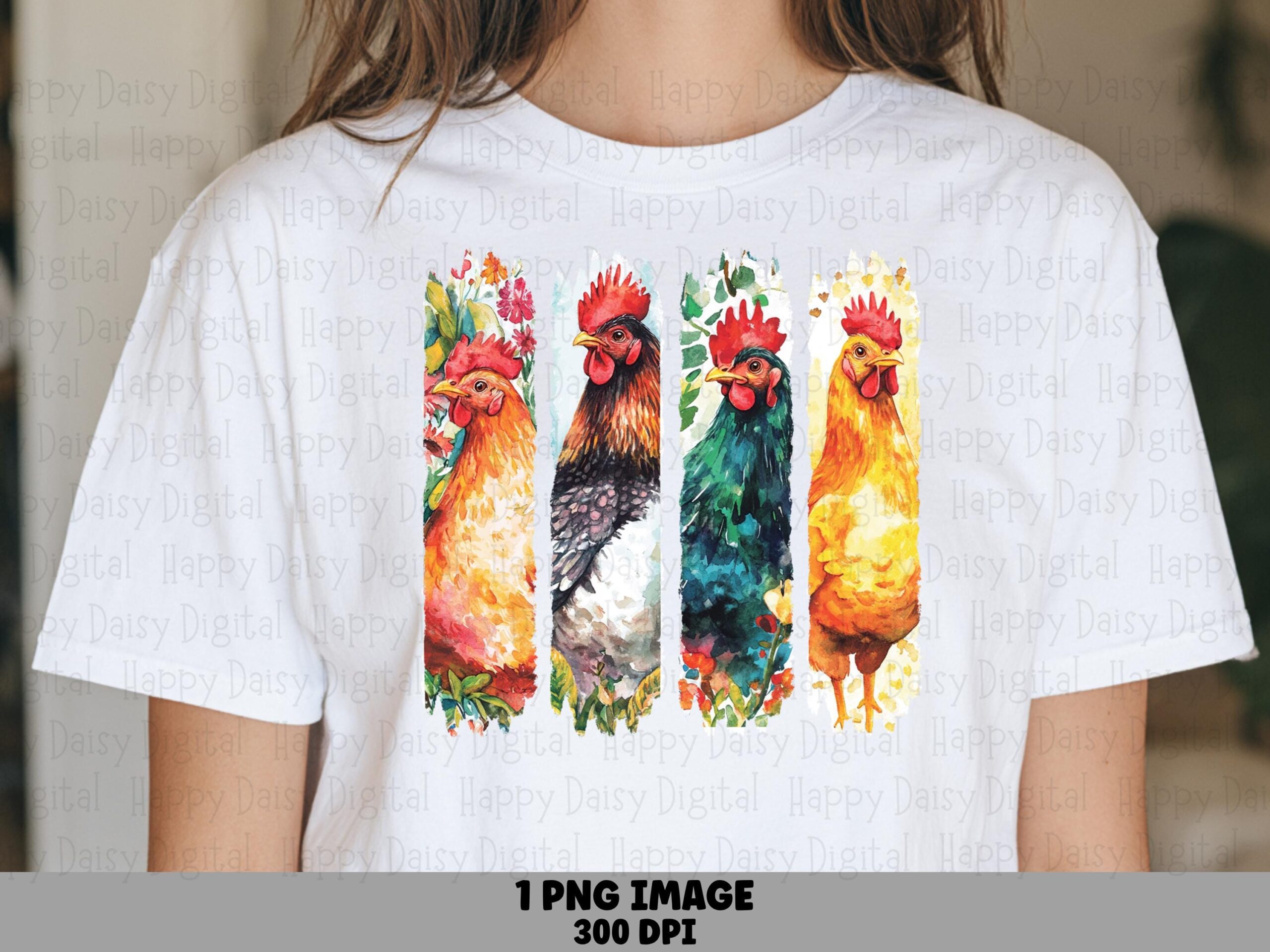 Rooster Portrait PNG, Watercolor Torn-Strip Collage, Farmhouse Poultry (Orange, Teal, Gold) | Commercial Use 300DPI