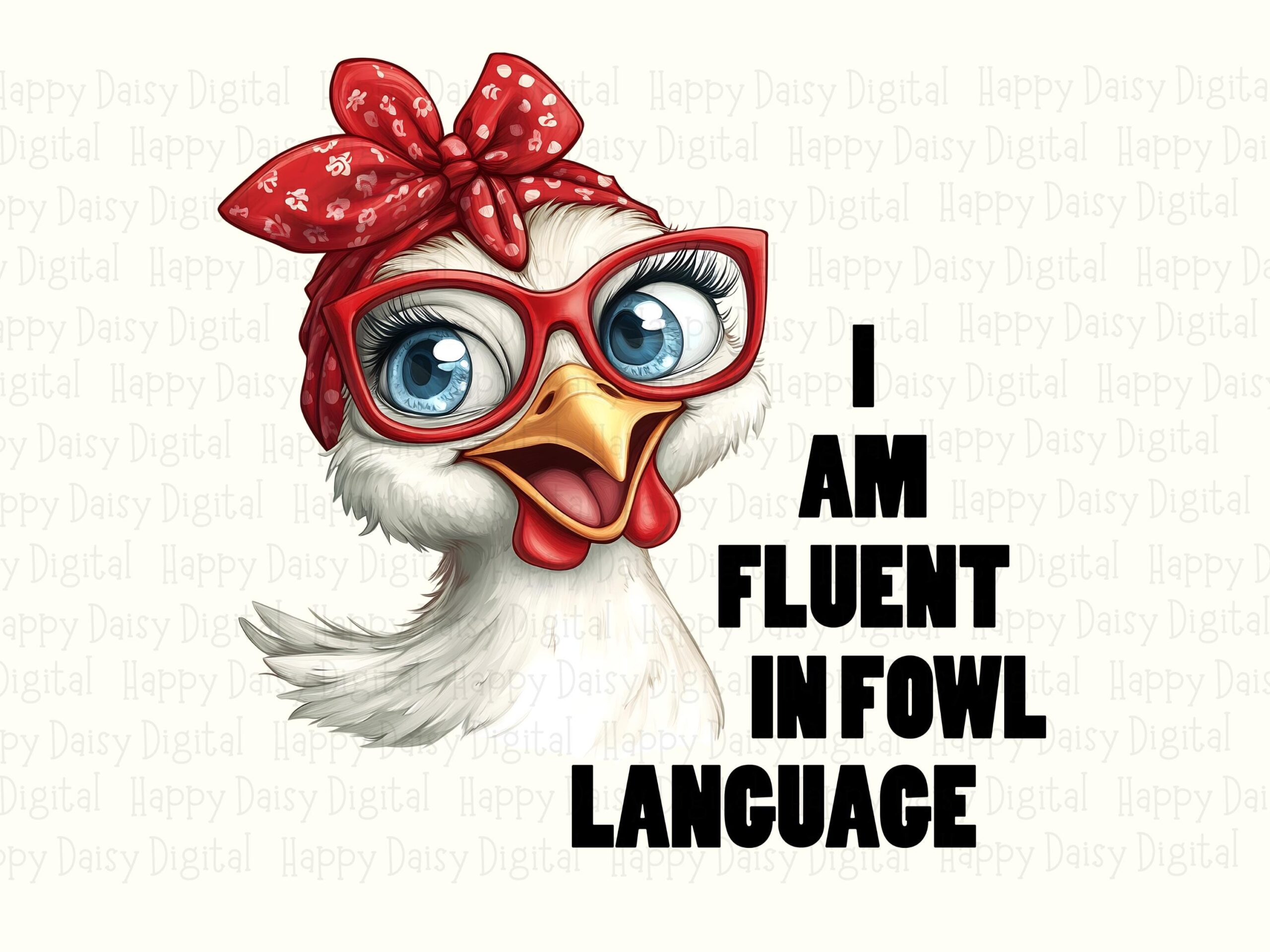 Fluent Fowl Language, Retro Hen PNG | Sublimation, Commercial Use | 300 DPI, Red Polka Headscarf Glasses - Image 2