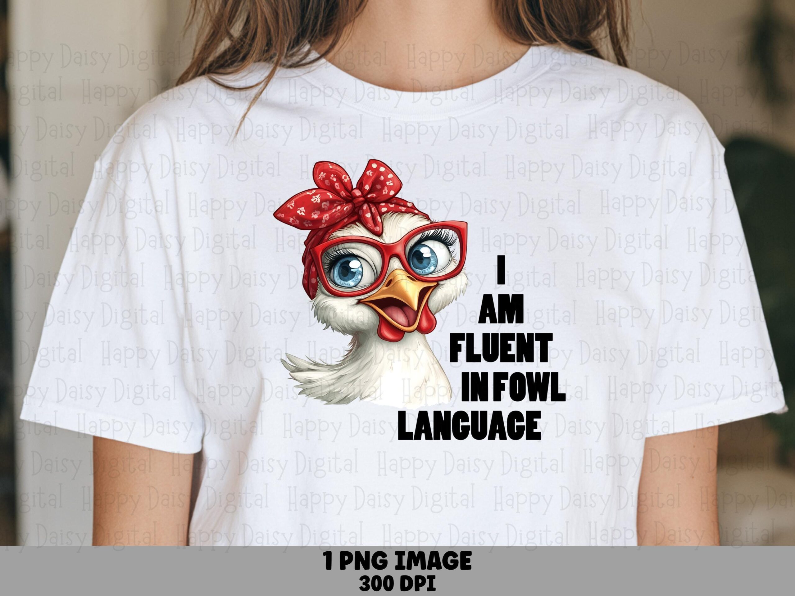 Fluent Fowl Language, Retro Hen PNG | Sublimation, Commercial Use | 300 DPI, Red Polka Headscarf Glasses