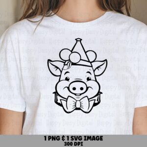 Pig Party Hat, Cute Line Art Birthday Design, Polka Dots With Bow Tie - SVG, PNG | Sublimation, Commercial Use