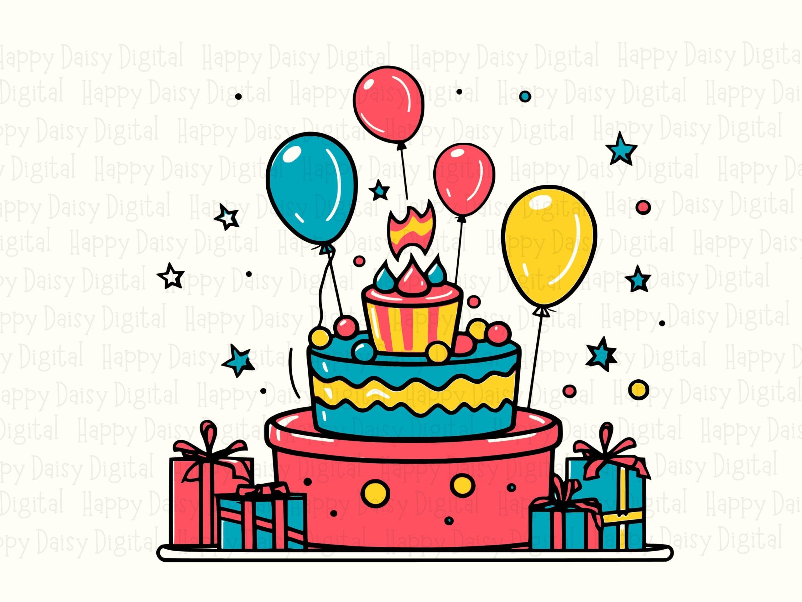 Birthday Cake PNG, Two-Tier Party Clipart - Balloons & Gifts, Sublimation SVG, Commercial Use, 300 DPI - Image 2