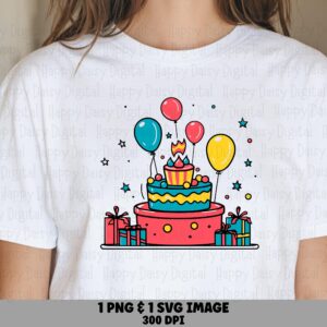 Birthday Cake PNG, Two-Tier Party Clipart - Balloons & Gifts, Sublimation SVG, Commercial Use, 300 DPI