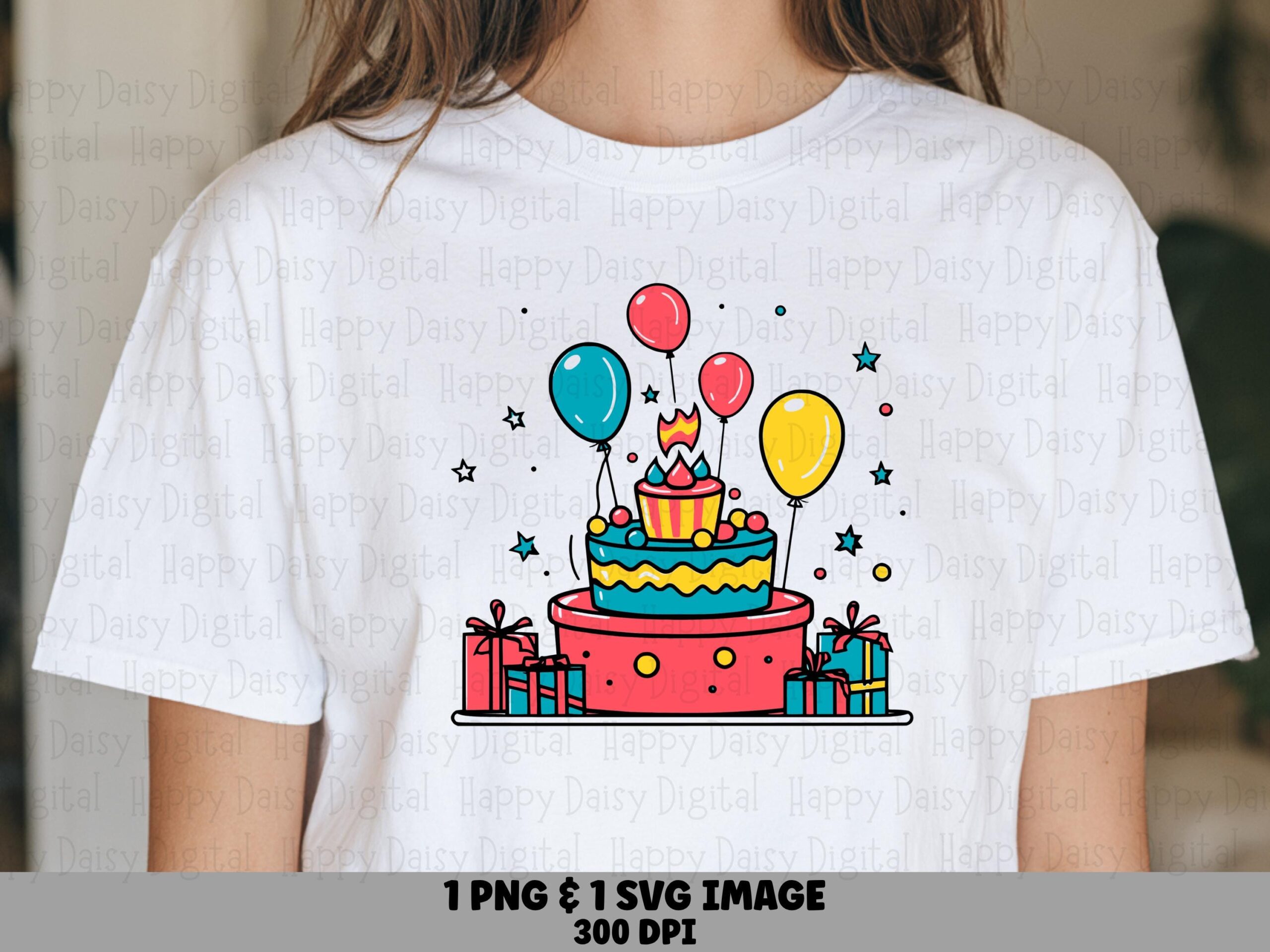 Birthday Cake PNG, Two-Tier Party Clipart - Balloons & Gifts, Sublimation SVG, Commercial Use, 300 DPI