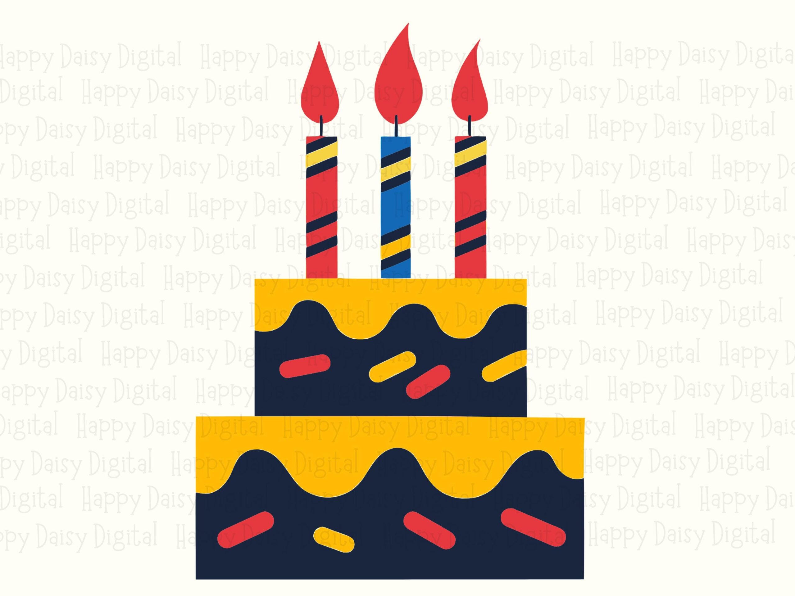 Three Candle Cake, Striped Birthday Clipart - Colorful Lit Candles, PNG & SVG, 300 DPI, Commercial Use - Image 2