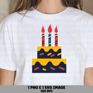 Three Candle Cake, Striped Birthday Clipart - Colorful Lit Candles, PNG & SVG, 300 DPI, Commercial Use