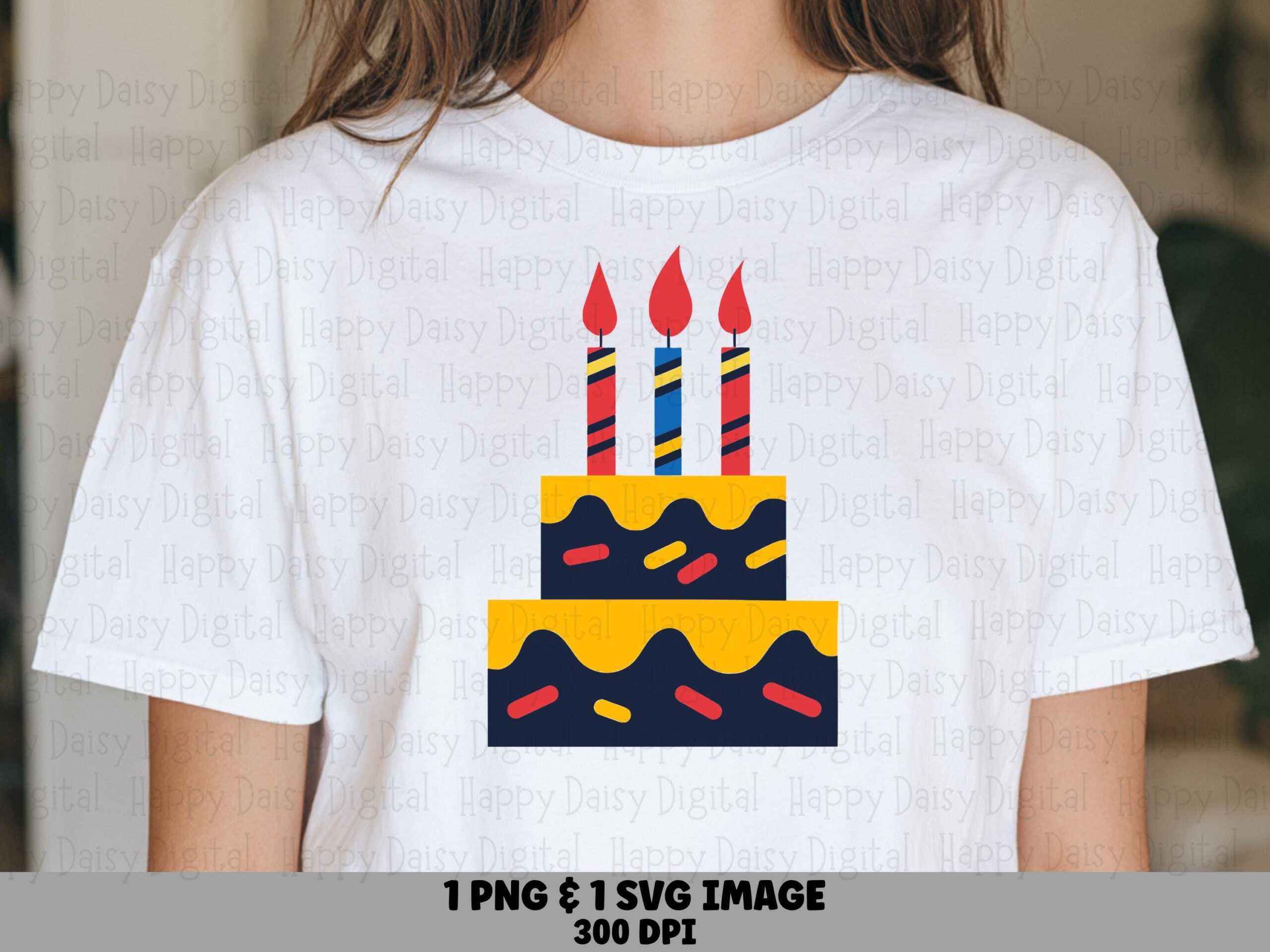 Three Candle Cake, Striped Birthday Clipart - Colorful Lit Candles, PNG & SVG, 300 DPI, Commercial Use