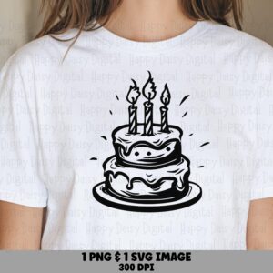 Cake Line Art, Hand-Drawn Birthday Sketch PNG SVG | Black And White, Two-Tier, 300 DPI, Commercial License, Sublimation