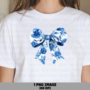 Floral Bow PNG, Watercolor Blue Artwork, Sublimation Design | Commercial Use, 300 DPI, For POD Sellers