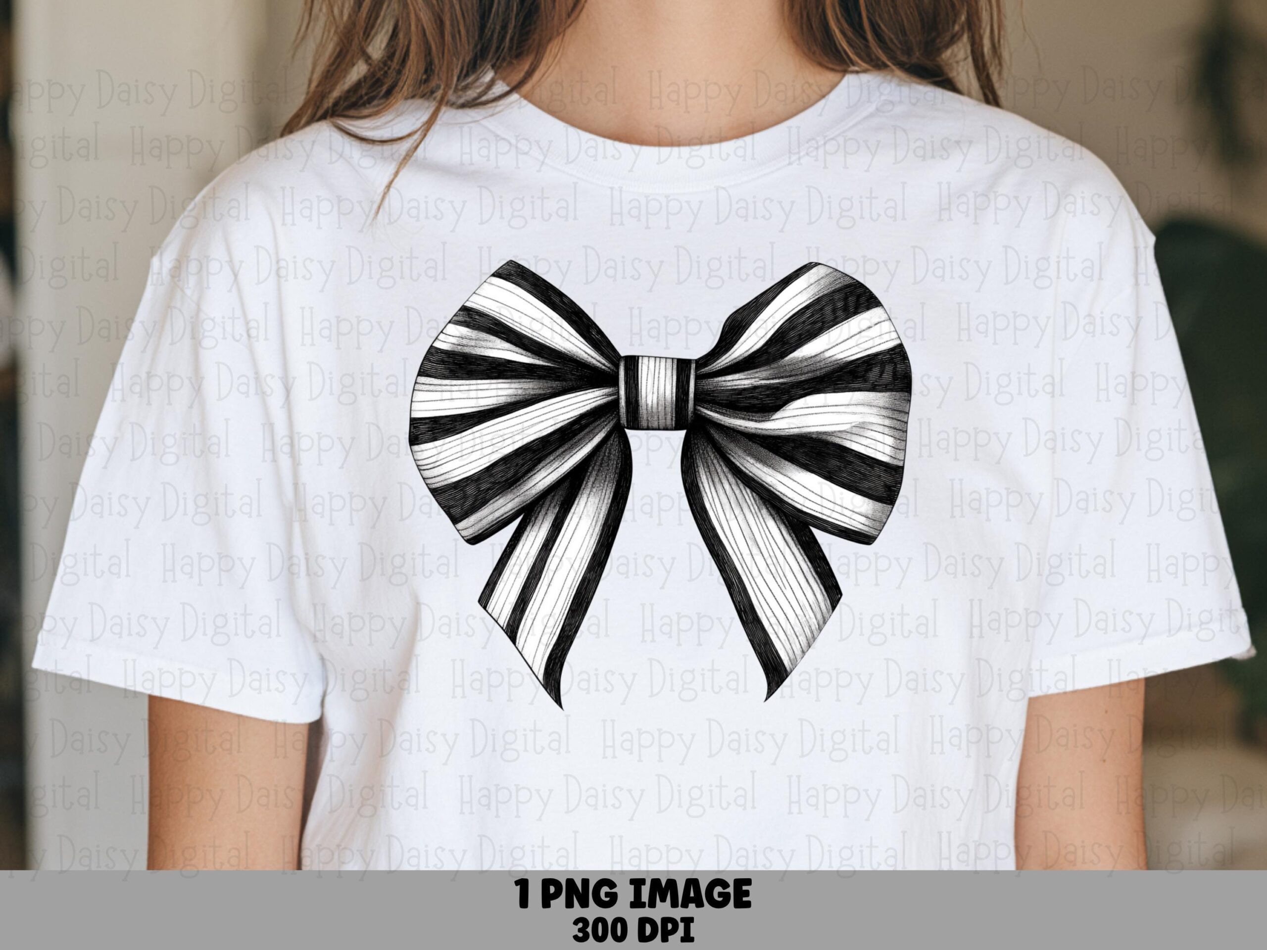 Striped Bow PNG, Monochrome Hand-Drawn Clipart | Transparent File, 300 DPI | Commercial License, For POD Sellers