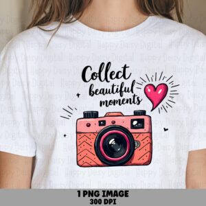 Camera Heart Png, Pink Patterned Design, Hand-Lettered Script | 300DPI, Sublimation Clipart - Commercial Use