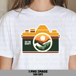 See Beauty PNG, Retro Camera Badge, Mountain Lens Sunrise Design | Commercial Use, 300 DPI