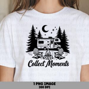 Collect Moments PNG, Line-Art Camper Scene, Campfire Chairs Under Moon | 300 DPI | Commercial Use
