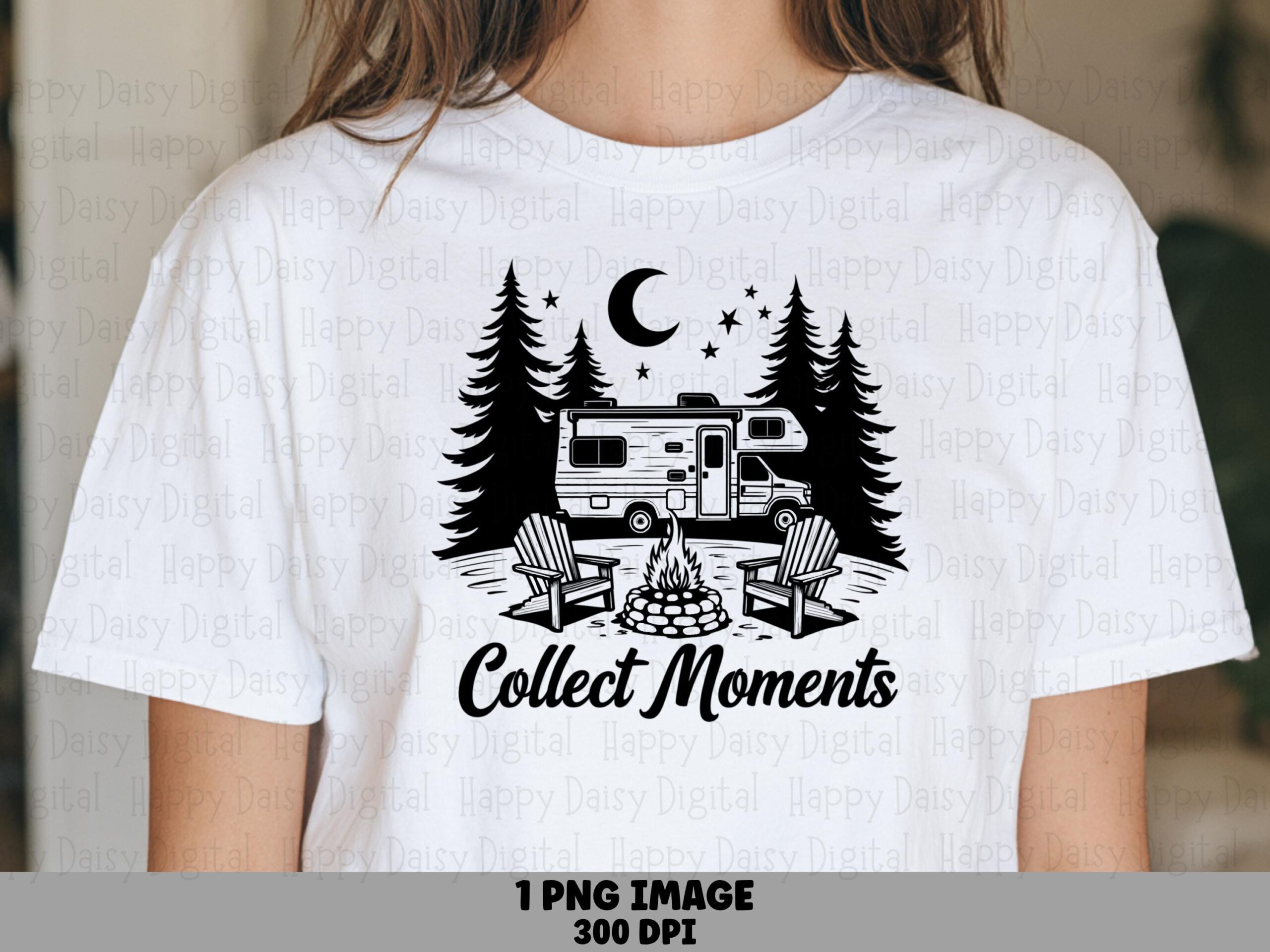 Collect Moments PNG, Line-Art Camper Scene, Campfire Chairs Under Moon | 300 DPI | Commercial Use