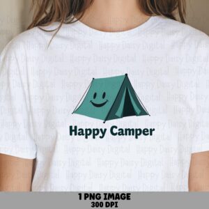 Happy Camper PNG, Smiling Tent Artwork, Hand Lettered Text | Sublimation File | Commercial License, 300 DPI