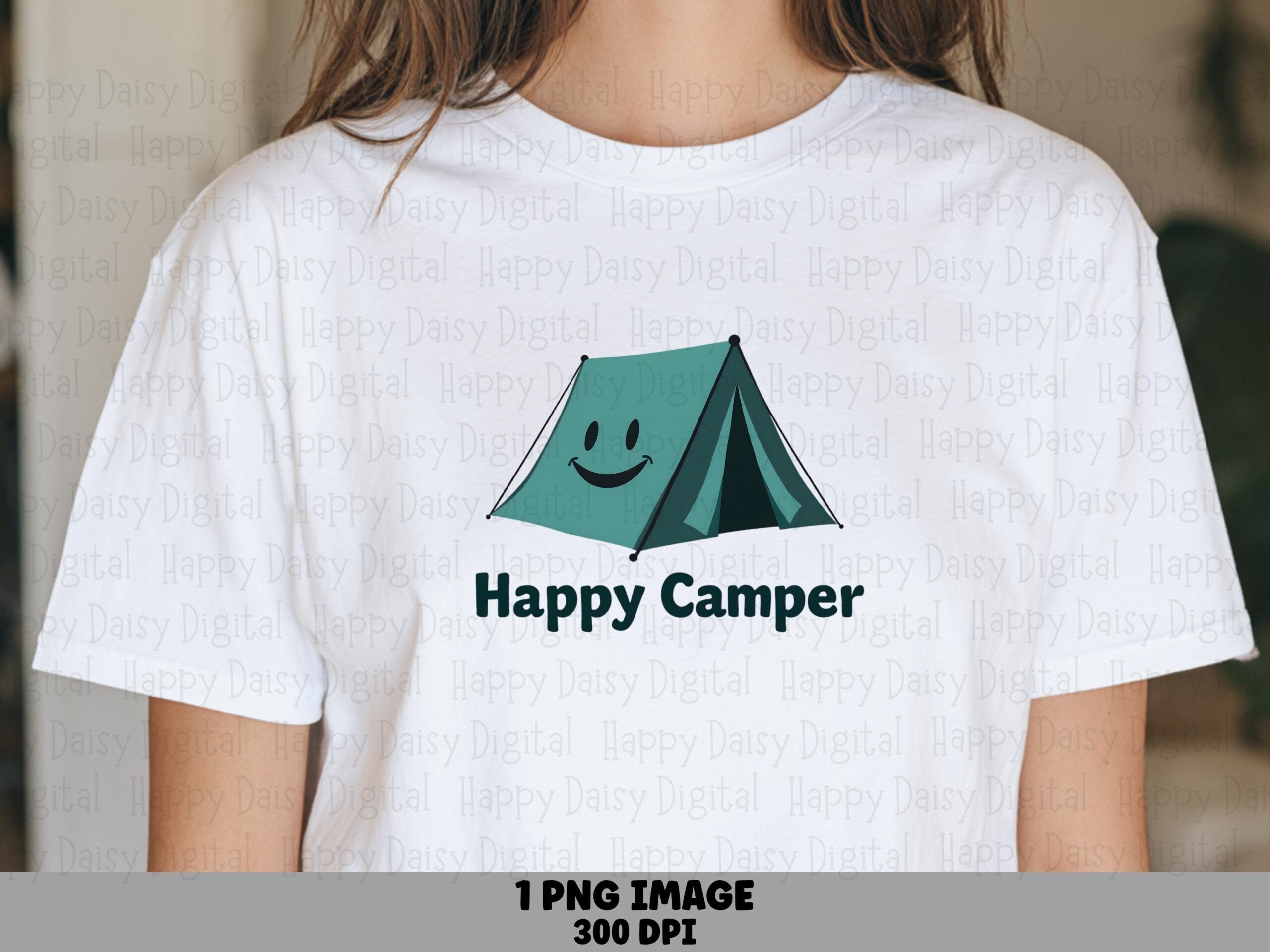 Happy Camper PNG, Smiling Tent Artwork, Hand Lettered Text | Sublimation File | Commercial License, 300 DPI