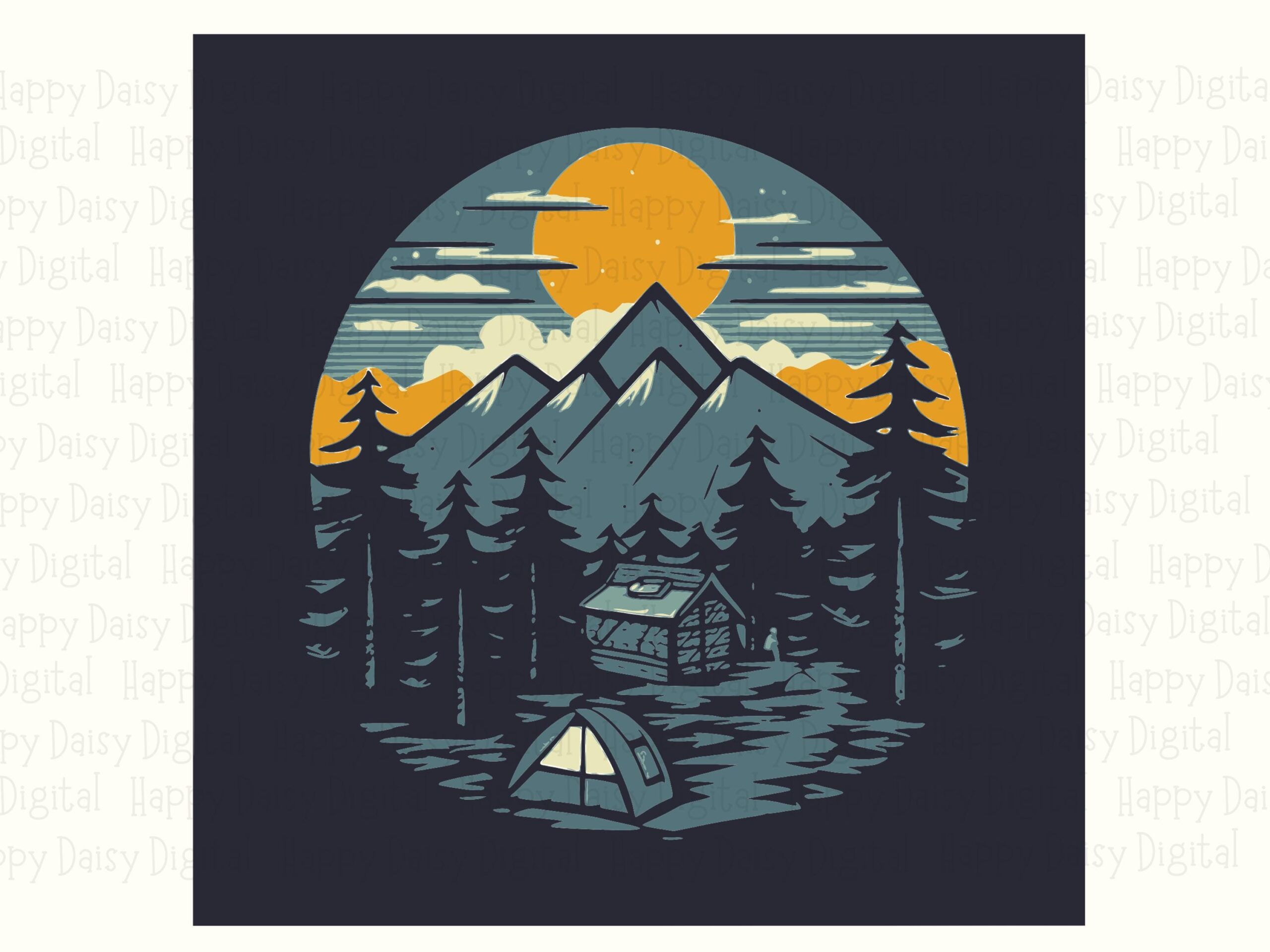 Cabin Night PNG, Retro Lakeside Mountain Scene - Camping Illustration, SVG Digital File | 300 DPI, Commercial License - Image 2
