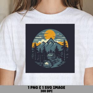 Cabin Night PNG, Retro Lakeside Mountain Scene - Camping Illustration, SVG Digital File | 300 DPI, Commercial License