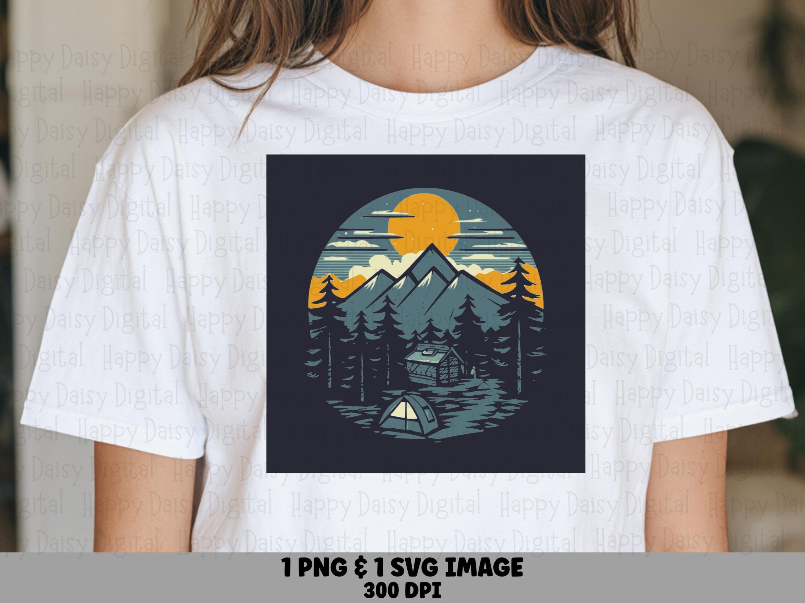 Cabin Night PNG, Retro Lakeside Mountain Scene - Camping Illustration, SVG Digital File | 300 DPI, Commercial License