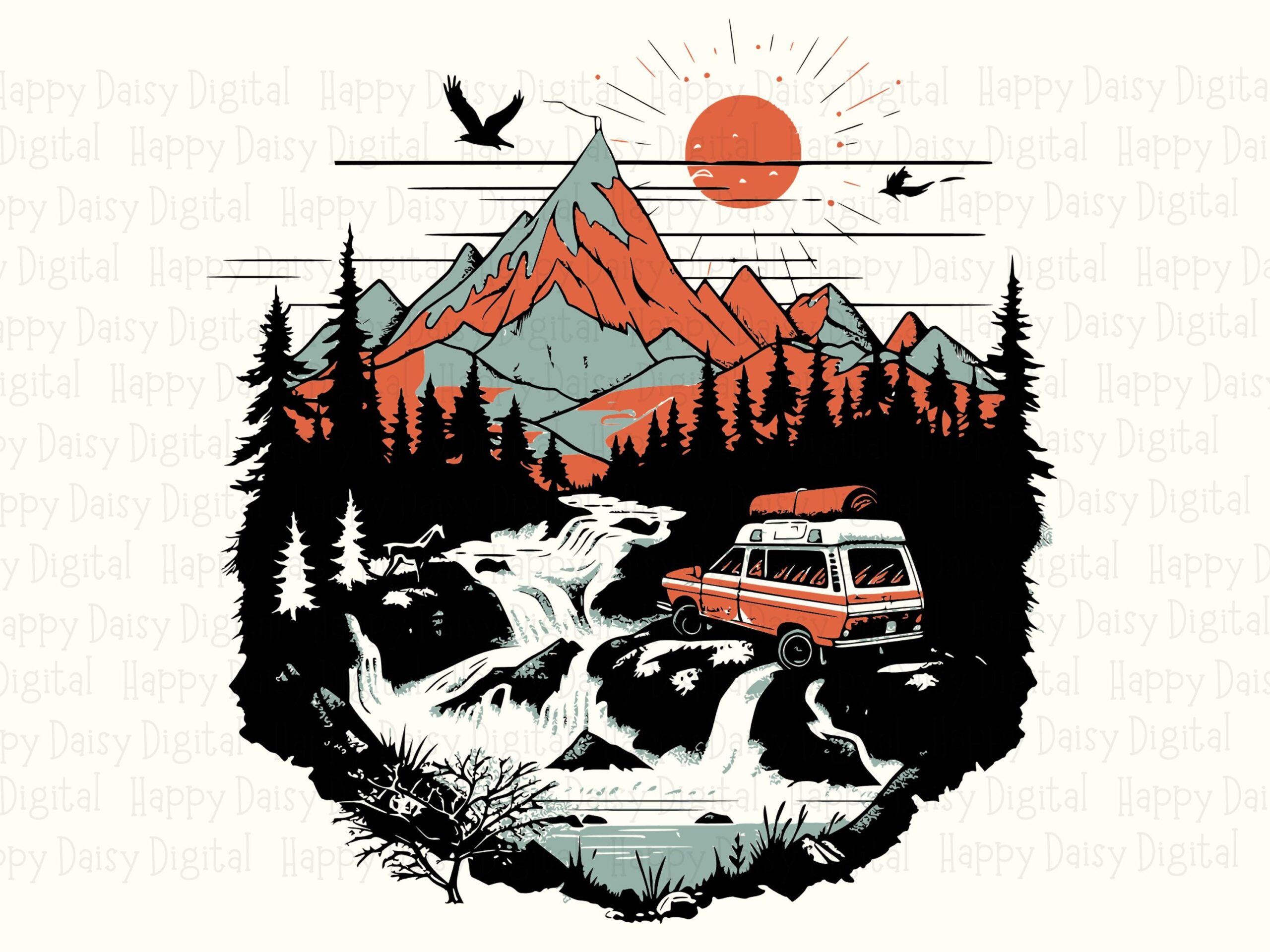 Van Waterfall PNG, Retro Camper Sunset Scene, Sublimation Design | SVG Included | 300 DPI, Commercial Use - Image 2
