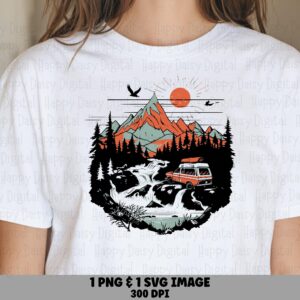 Van Waterfall PNG, Retro Camper Sunset Scene, Sublimation Design | SVG Included | 300 DPI, Commercial Use