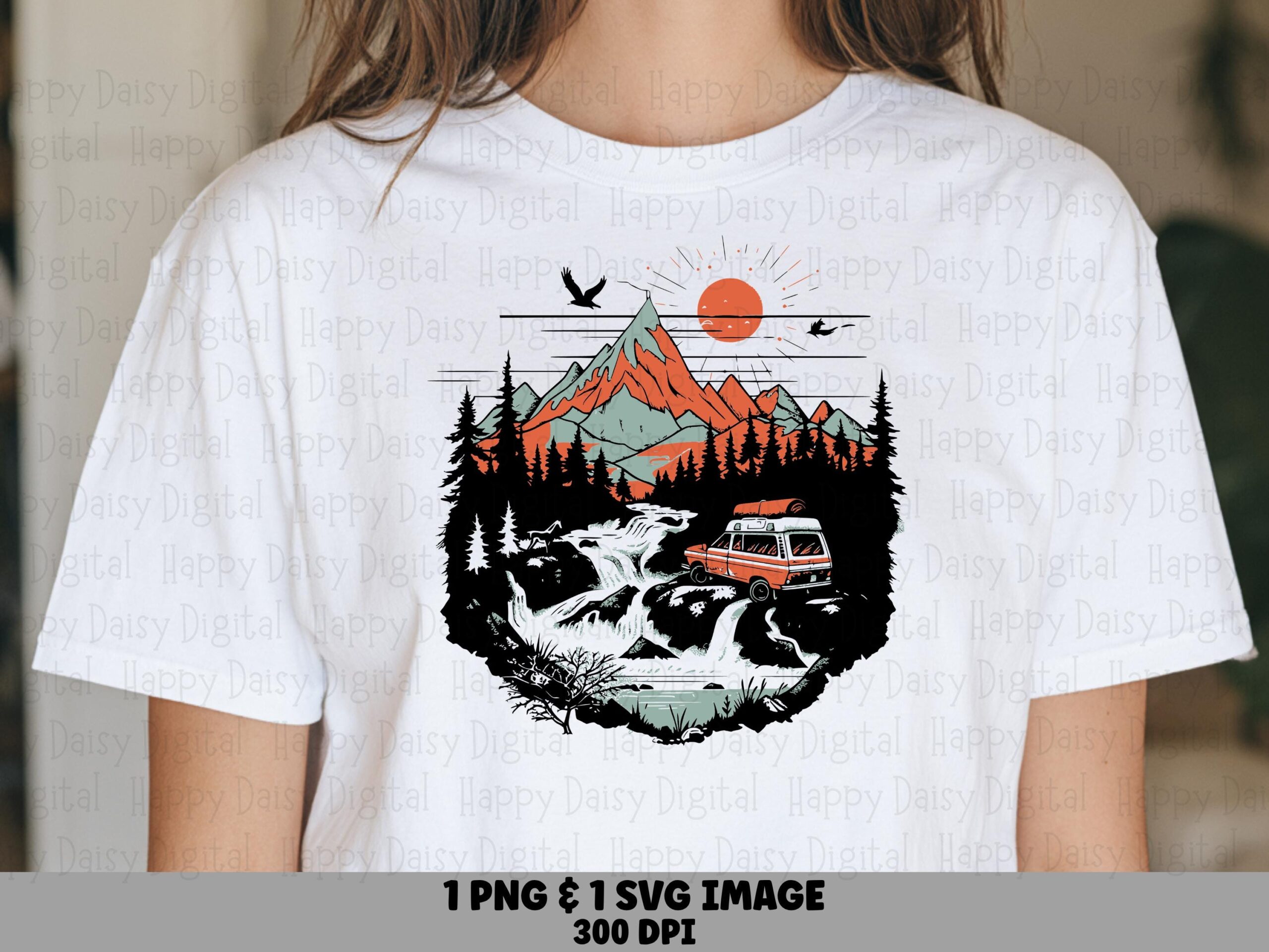 Van Waterfall PNG, Retro Camper Sunset Scene, Sublimation Design | SVG Included | 300 DPI, Commercial Use