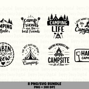 Camp Quote Set 2, Rustic Camping Sayings Bundle | PNG & SVG Files, Sublimation, 8 Designs, For POD Sellers