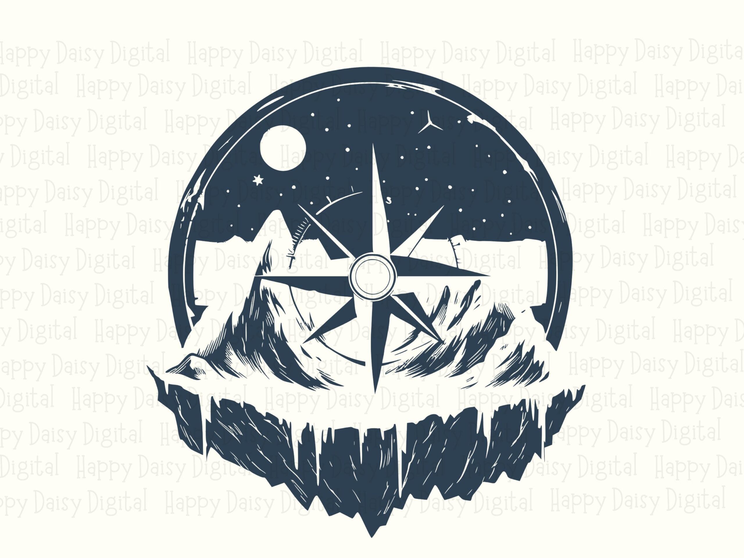 Night Sky Compass, Starry Mountain PNG SVG | Navy Celestial Clipart, Print-Ready 300 DPI | Commercial Use Sublimation - Image 2
