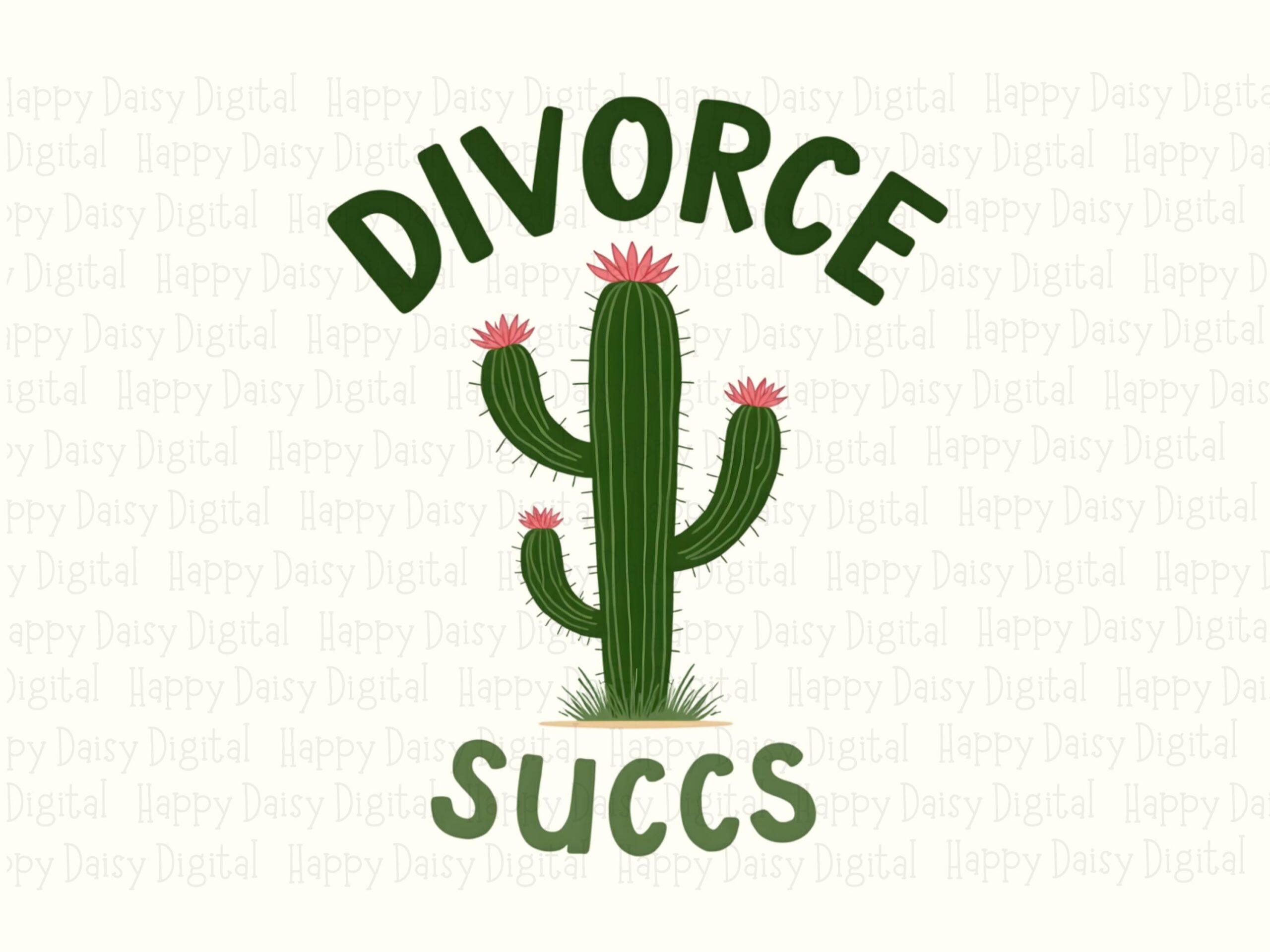 Divorce Succs Cactus, Hand-Drawn PNG - Green With Pink Blooms, Sublimation 300 DPI, Commercial Use - Image 2