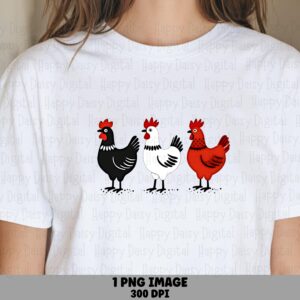 Trio Chicken Row, Silhouette, Black White Red Hens | Sublimation PNG | Transparent, 300 DPI, Commercial Use