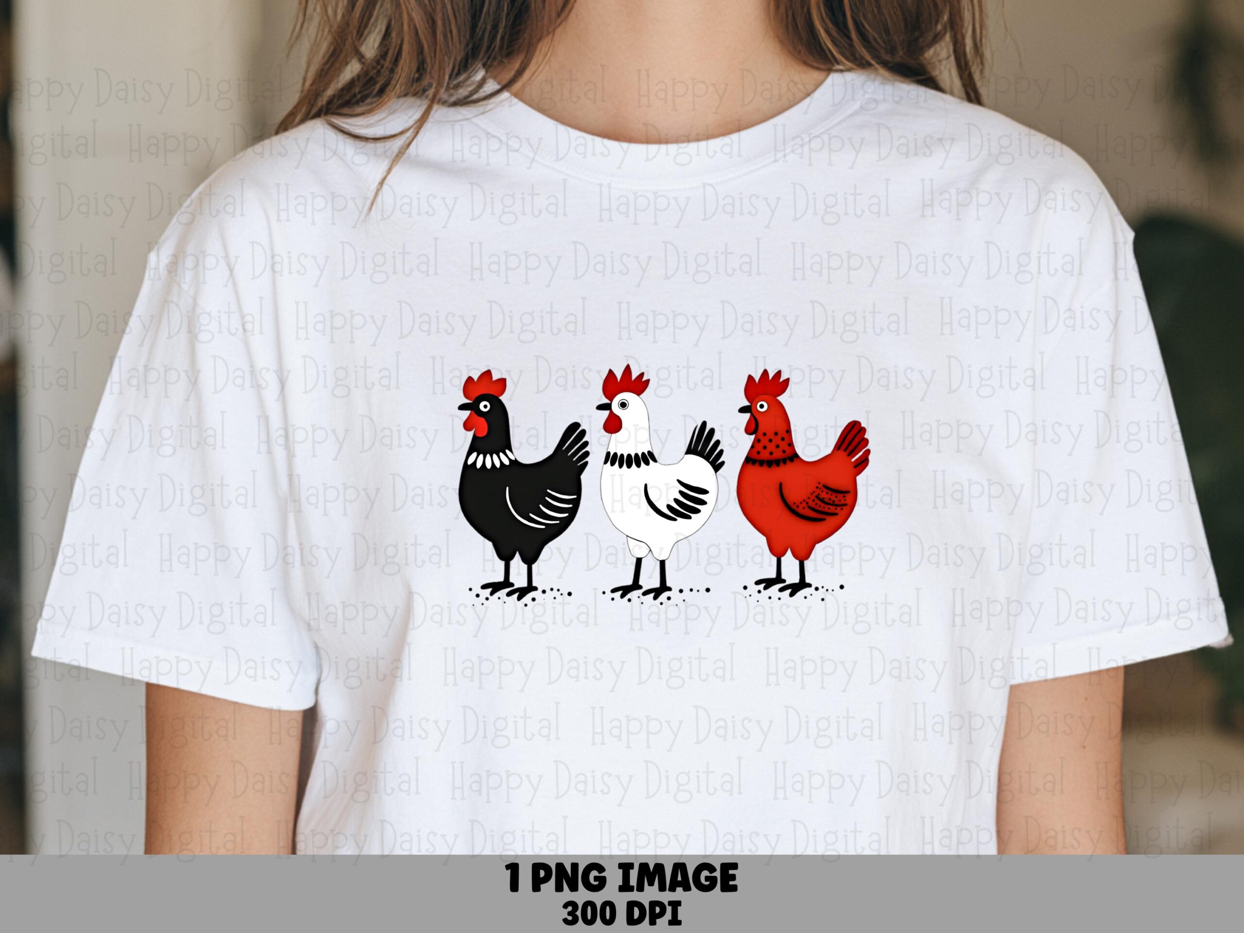 Trio Chicken Row, Silhouette, Black White Red Hens | Sublimation PNG | Transparent, 300 DPI, Commercial Use