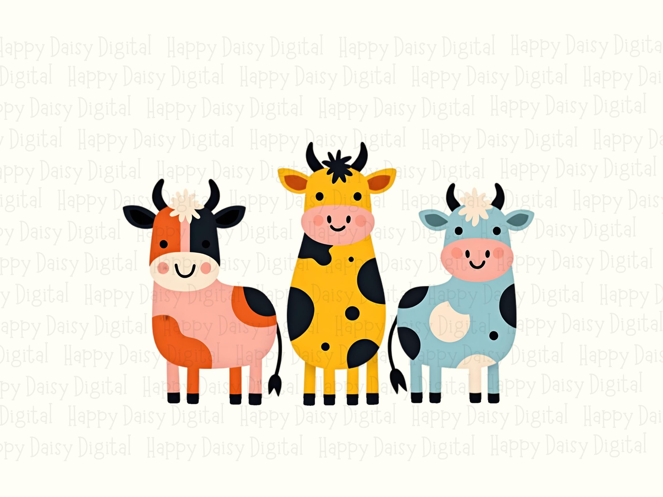 Pastel Cow Trio, Kawaii Cartoon PNG, Sublimation Clipart | Commercial Use, 300 DPI, Transparent - Image 2