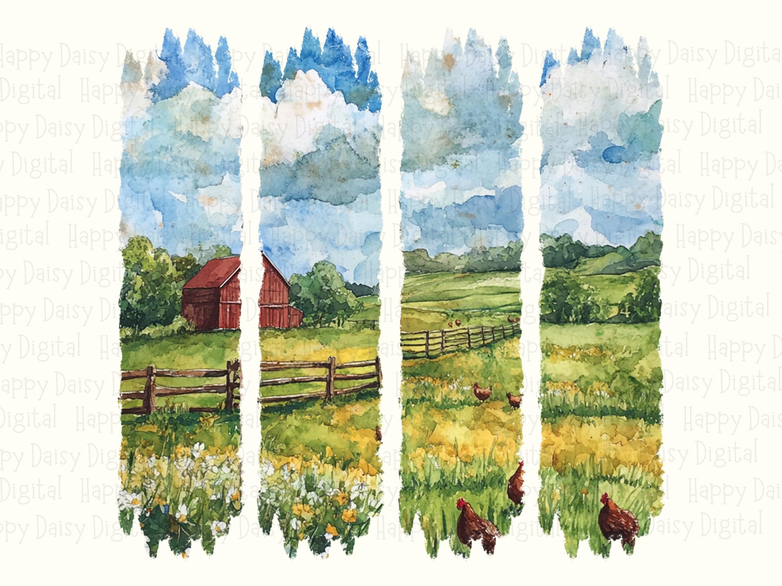 Watercolor Barn, Four-Panel Panorama PNG | Sublimation Commercial Use, 300 DPI Transparent - Image 2