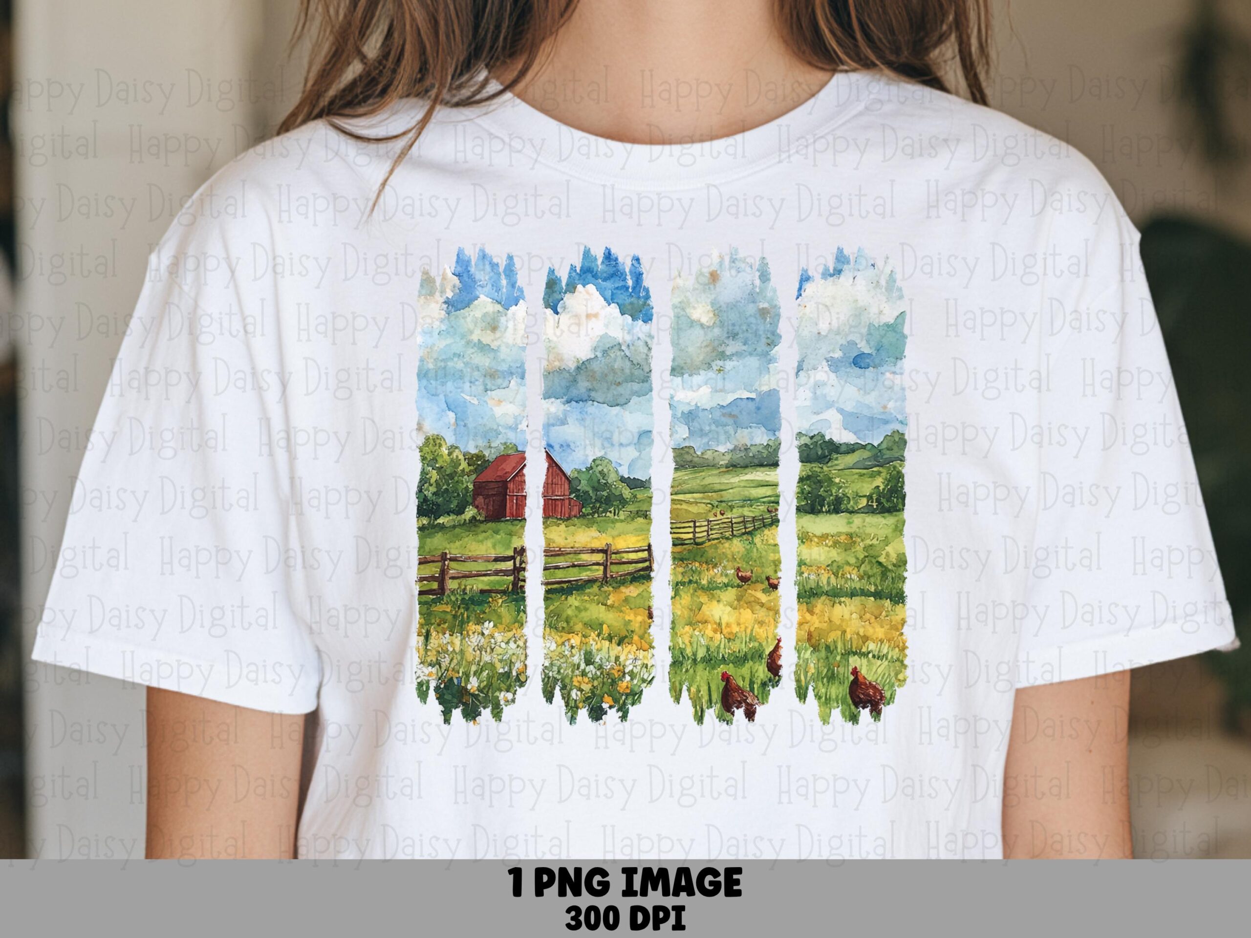 Watercolor Barn, Four-Panel Panorama PNG | Sublimation Commercial Use, 300 DPI Transparent