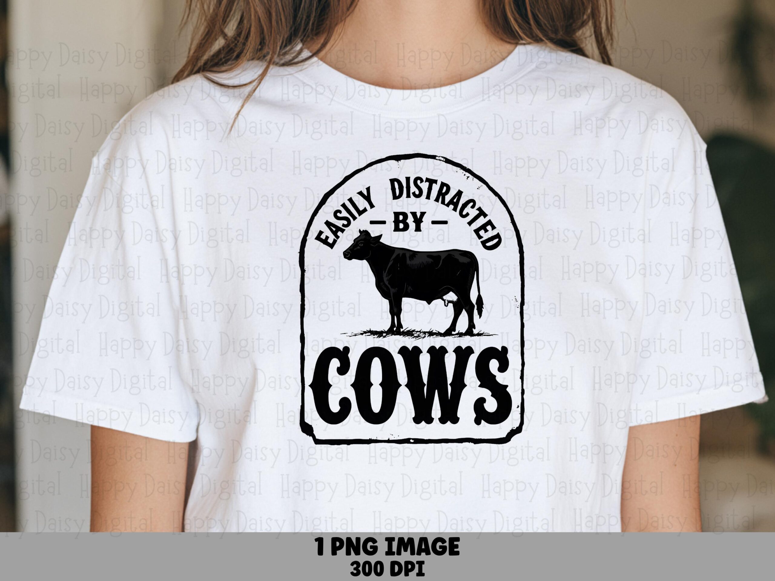 Distracted By Cows, Arched Badge PNG - Black Silhouette Sublimation, Commercial License, POD Use