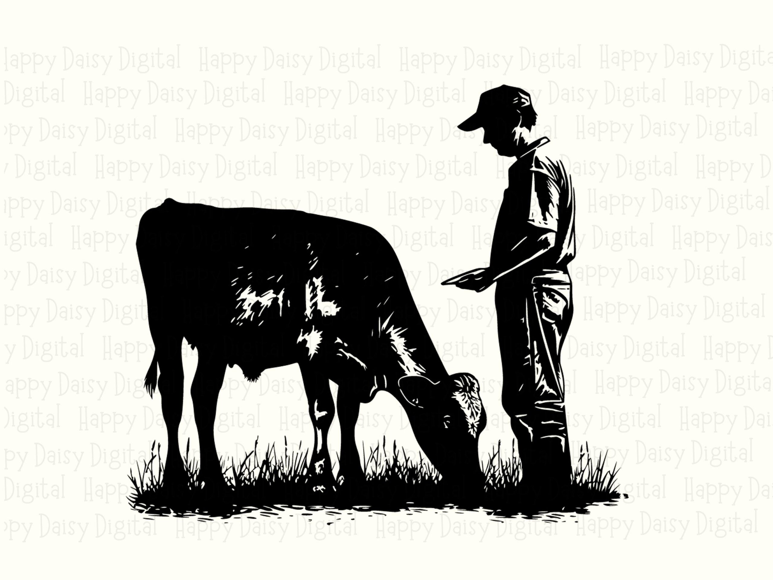 Farmer Cow PNG, Silhouette Farm Clipart - Grazing Scene, Commercial Use SVG | 300 DPI Print Ready - Image 2