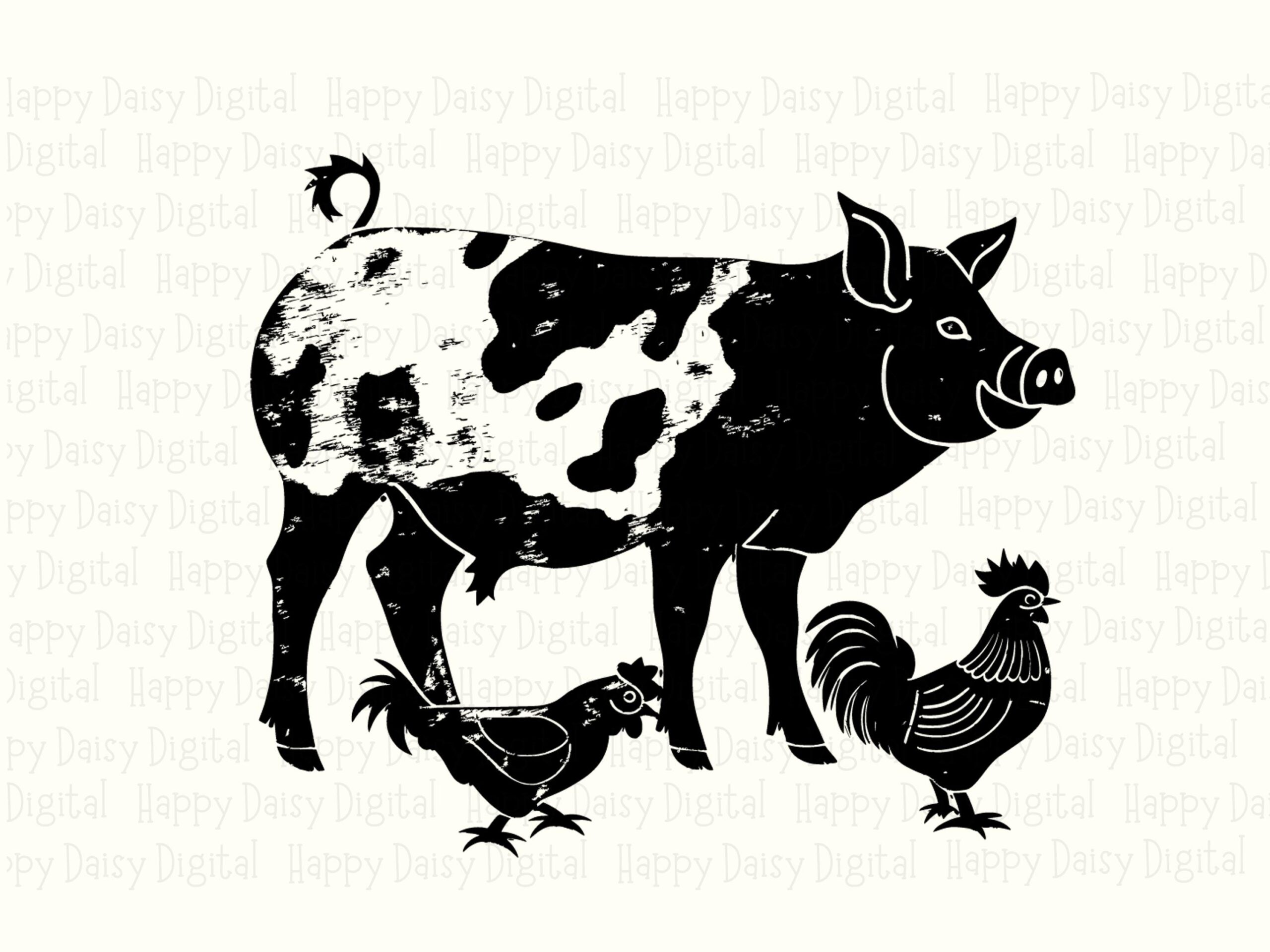 Farm Animal Trio Art, Cow-Print Pig With Chickens - PNG SVG Files, Sublimation, Commercial Use, 300 DPI - Image 2