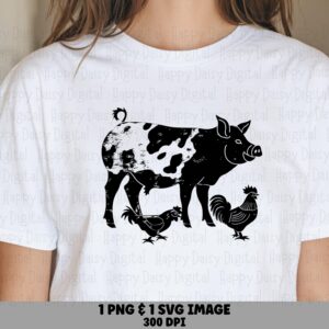 Farm Animal Trio Art, Cow-Print Pig With Chickens - PNG SVG Files, Sublimation, Commercial Use, 300 DPI