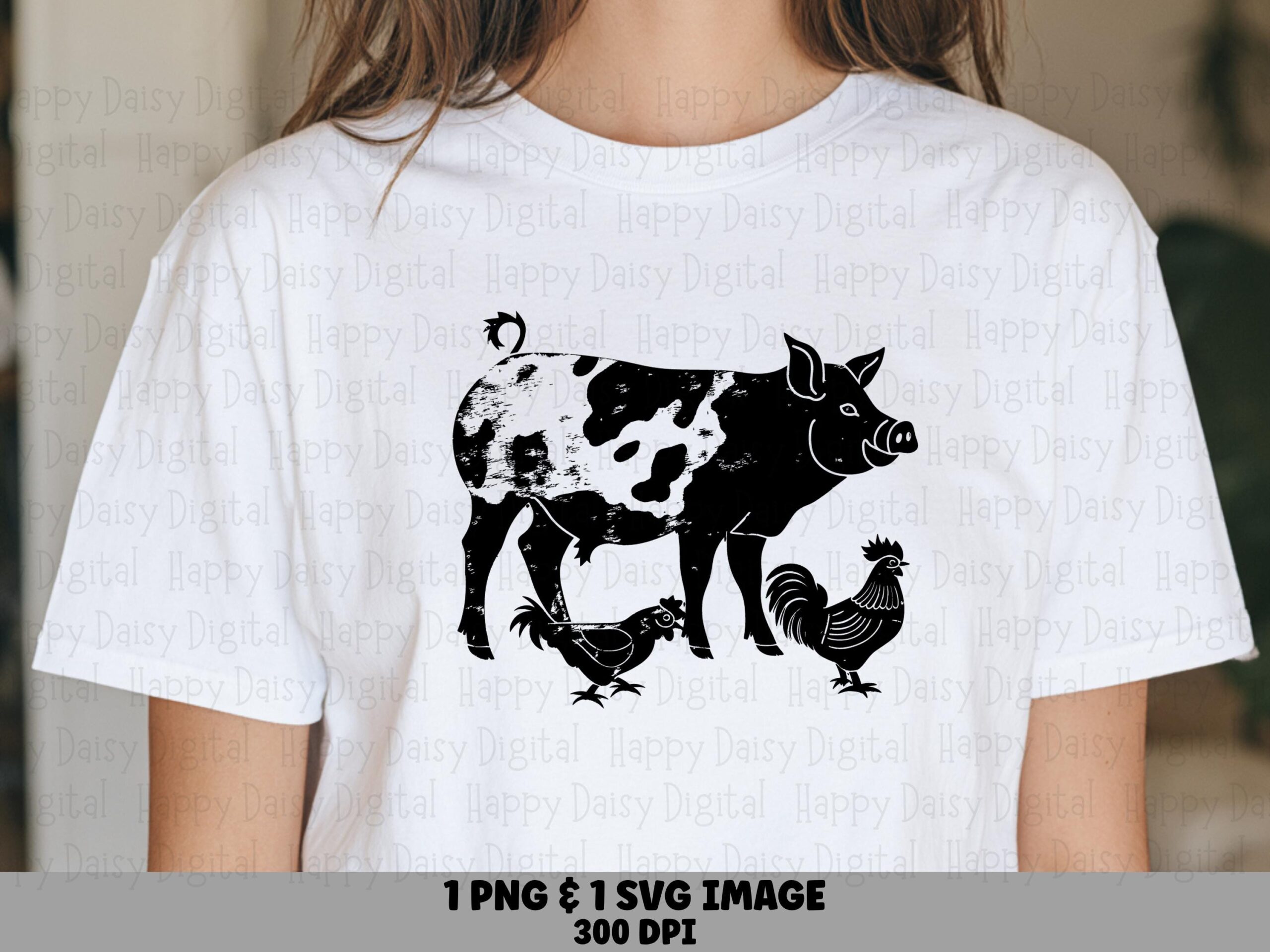 Farm Animal Trio Art, Cow-Print Pig With Chickens - PNG SVG Files, Sublimation, Commercial Use, 300 DPI