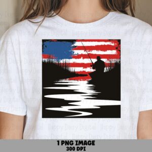 Sublimation PNG, Americana Angler Art | Distressed Flag Fishing Silhouette, Red-White-Blue Swirl - Commercial Use